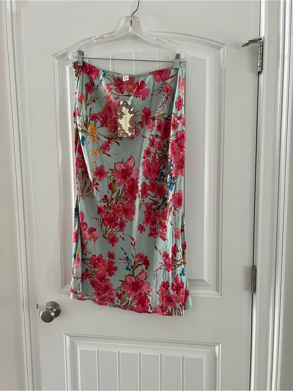 Aqua Floral Midi Skirt with Pink Bloom